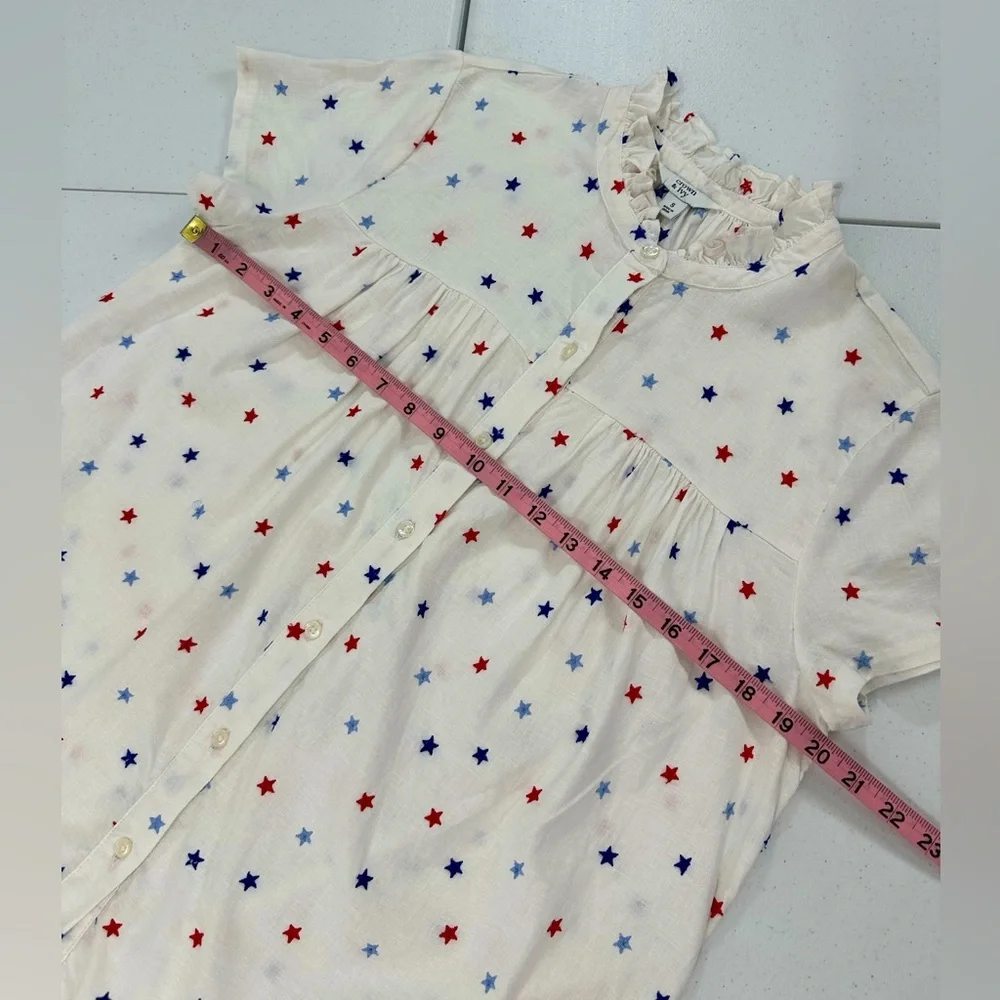 Crown & Ivy Embroidered Star Blouse Patriotic Red White Blue Linen Blend Top S - Picture 7 of 13